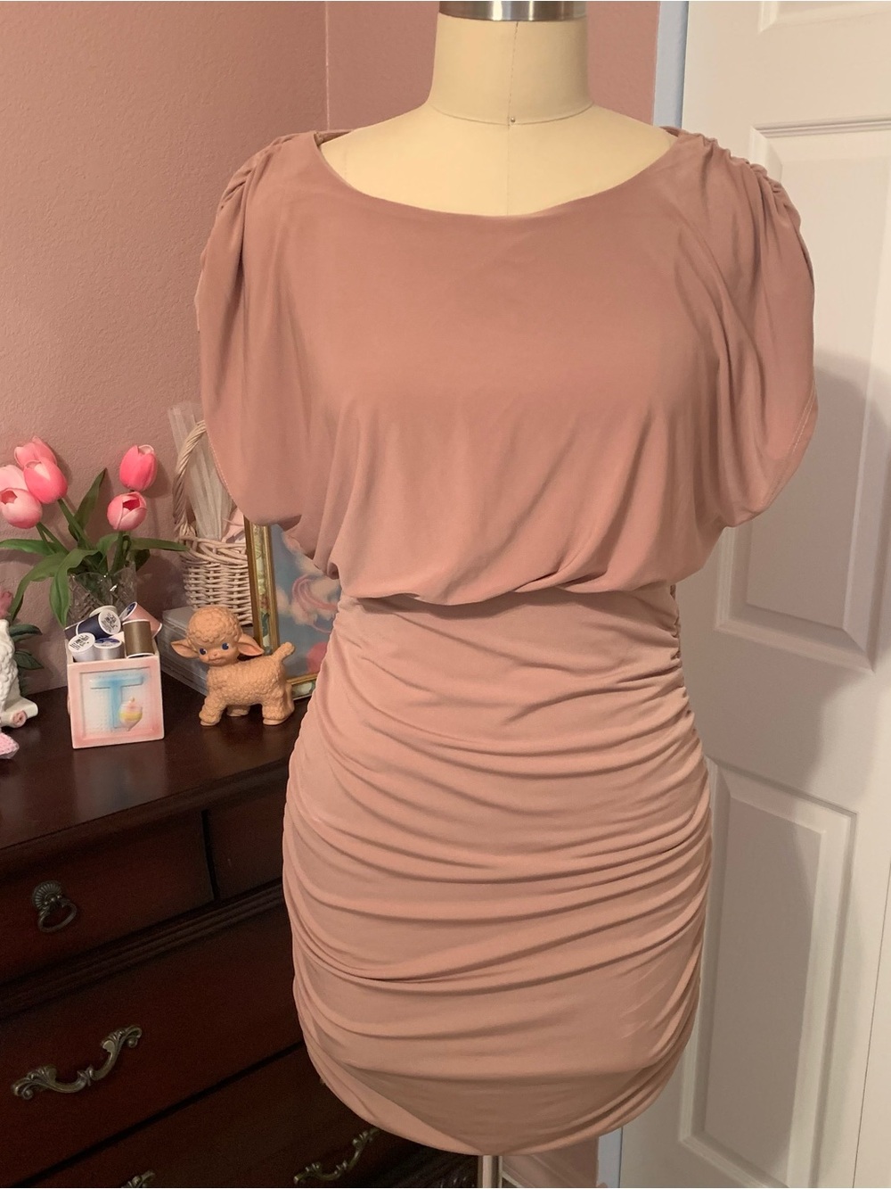 FASHION NOVA Mocha Ruched Double Lined Knit Mini Dress